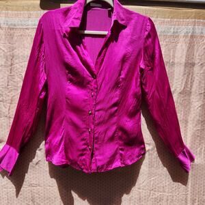 Robert Friedman 100% Silk Magenta Pink Gold Button Up Blouse Collared Shirt Sz S